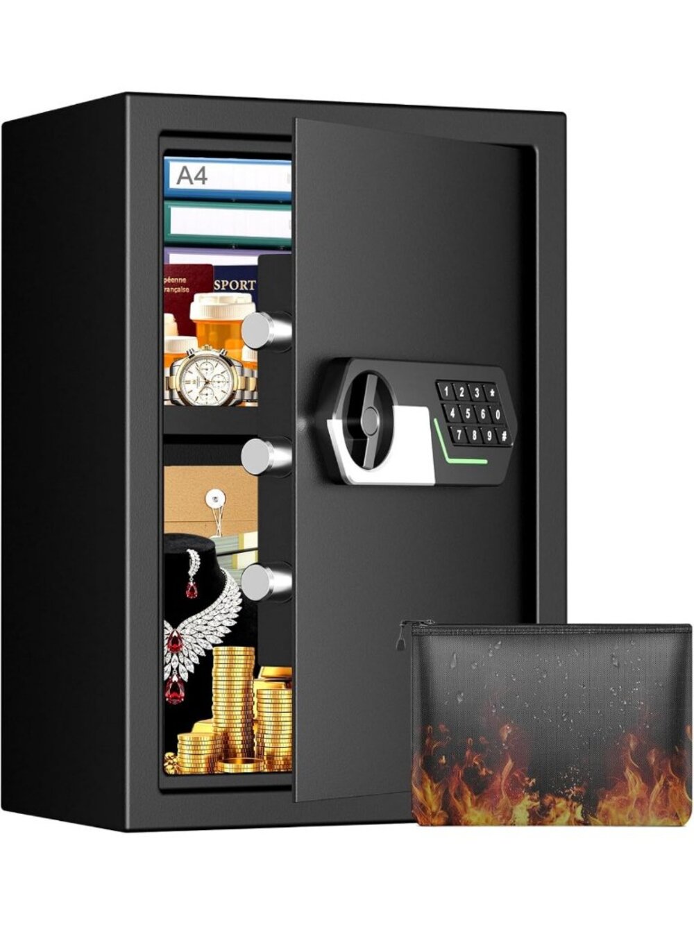 Large Fireproof Waterproof Safe Box with Keypad, Removable Shelf for Valuables